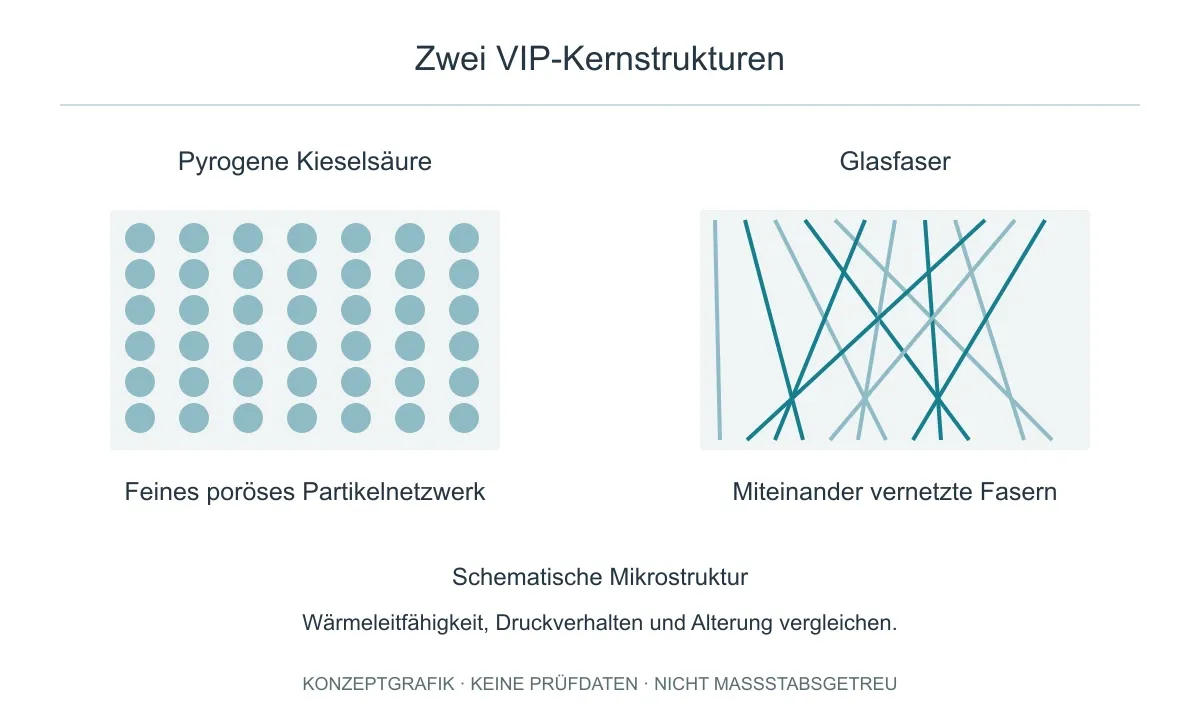Schematisches Partikel- und Fasernetzwerk; keine Mikroskopaufnahme und kein Porengrößenvergleich.