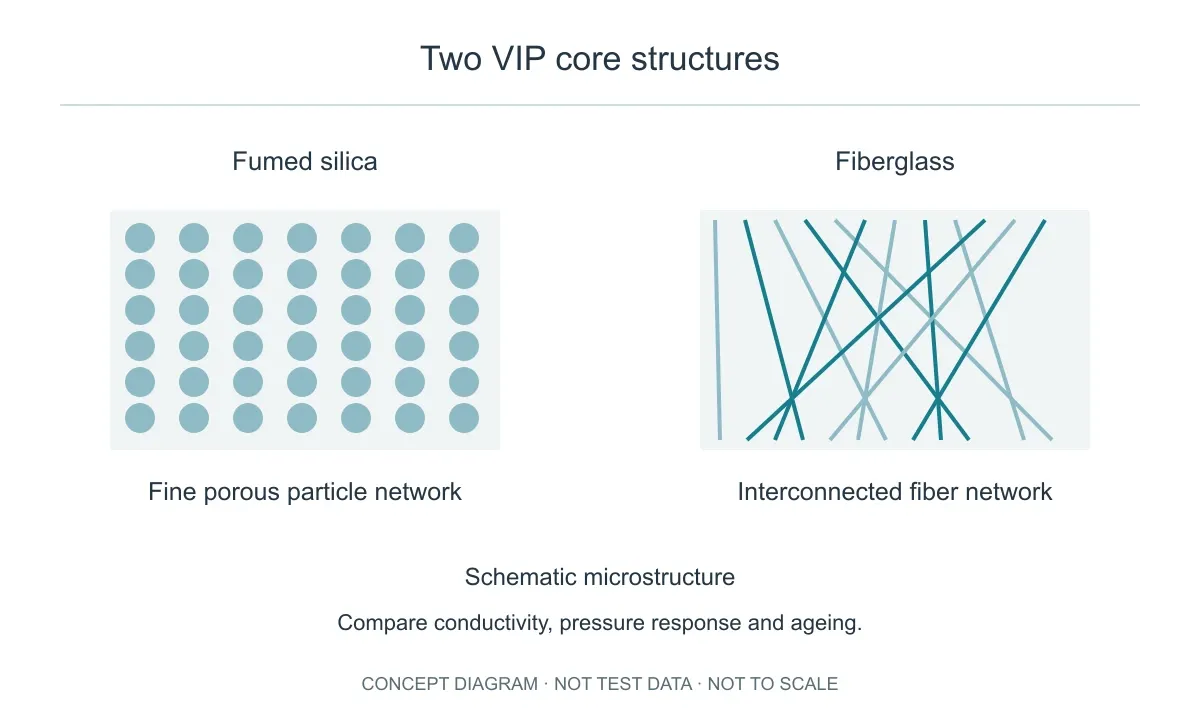 Conceptual particle network and fiber network; this is not a microscopy image or a pore-size comparison.