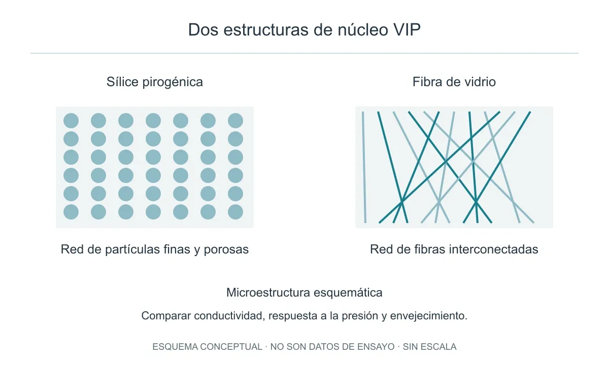 Red conceptual de partículas y de fibras; no es una micrografía ni una comparación del tamaño de poro.