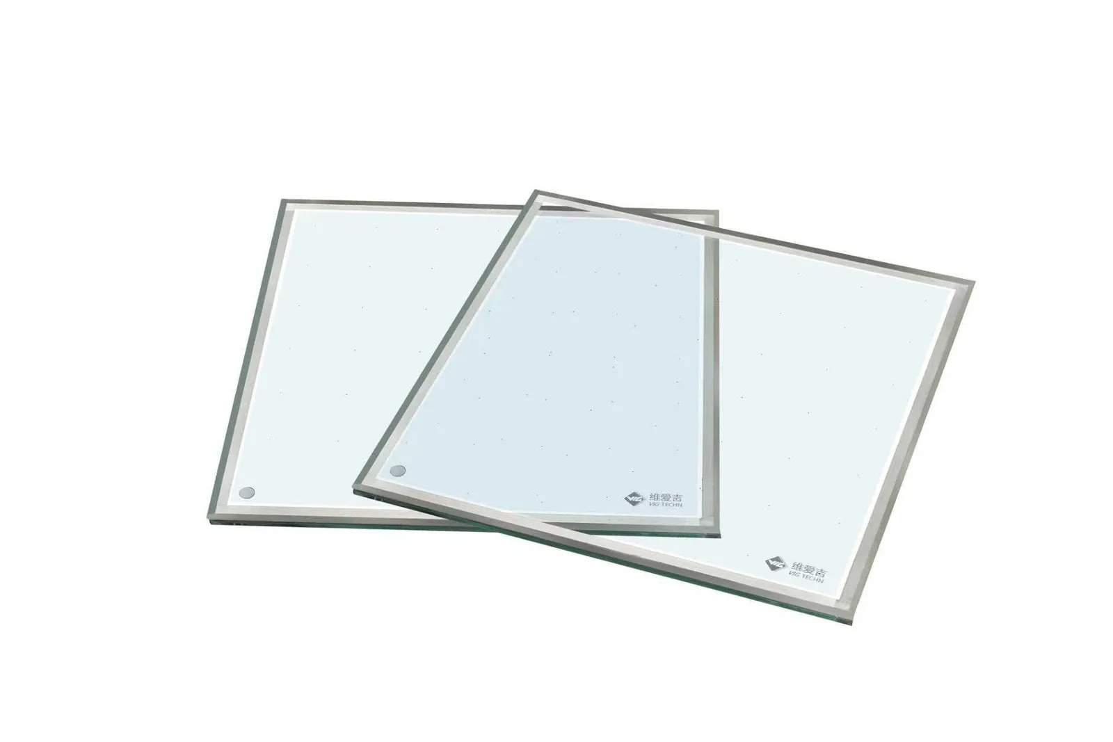 Two overlapping vacuum insulating glass panels on a white background