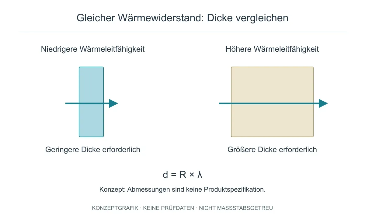 Bei gleichem Wärmewiderstand ermöglicht eine geringere Wärmeleitfähigkeit weniger Dicke; die Grafik gibt kein Zahlenverhältnis vor.