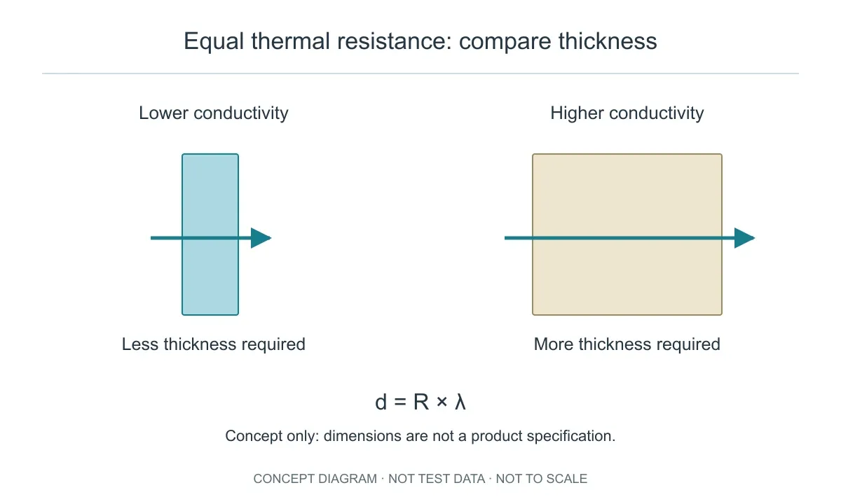 At equal thermal resistance, lower conductivity permits less thickness; the drawing does not specify a numerical ratio.
