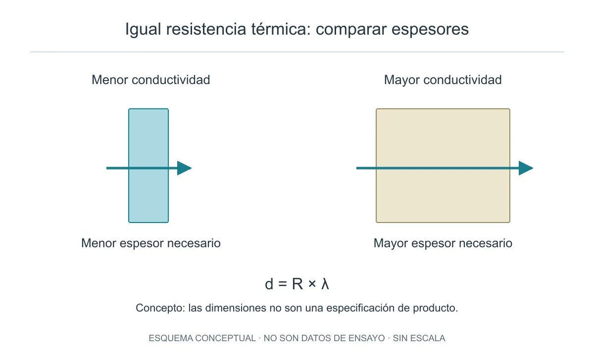 A igual resistencia térmica, una menor conductividad permite reducir el espesor; el dibujo no fija una proporción numérica.