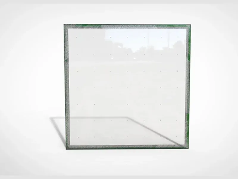 Vacuum insulating glass sample showing the micro-pillar array between two tempered panes