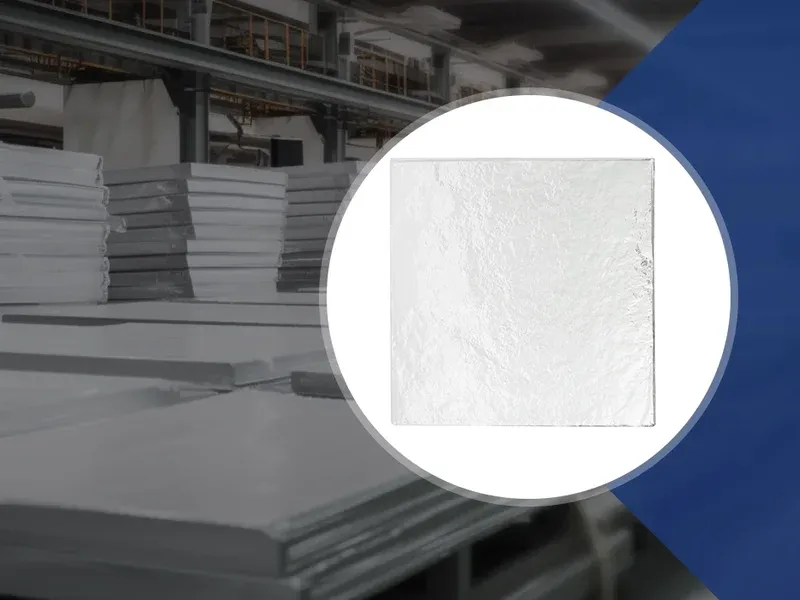 Vacuum insulation panel with silver barrier film envelope, with stacked VIP panels in the Super Tech warehouse behind