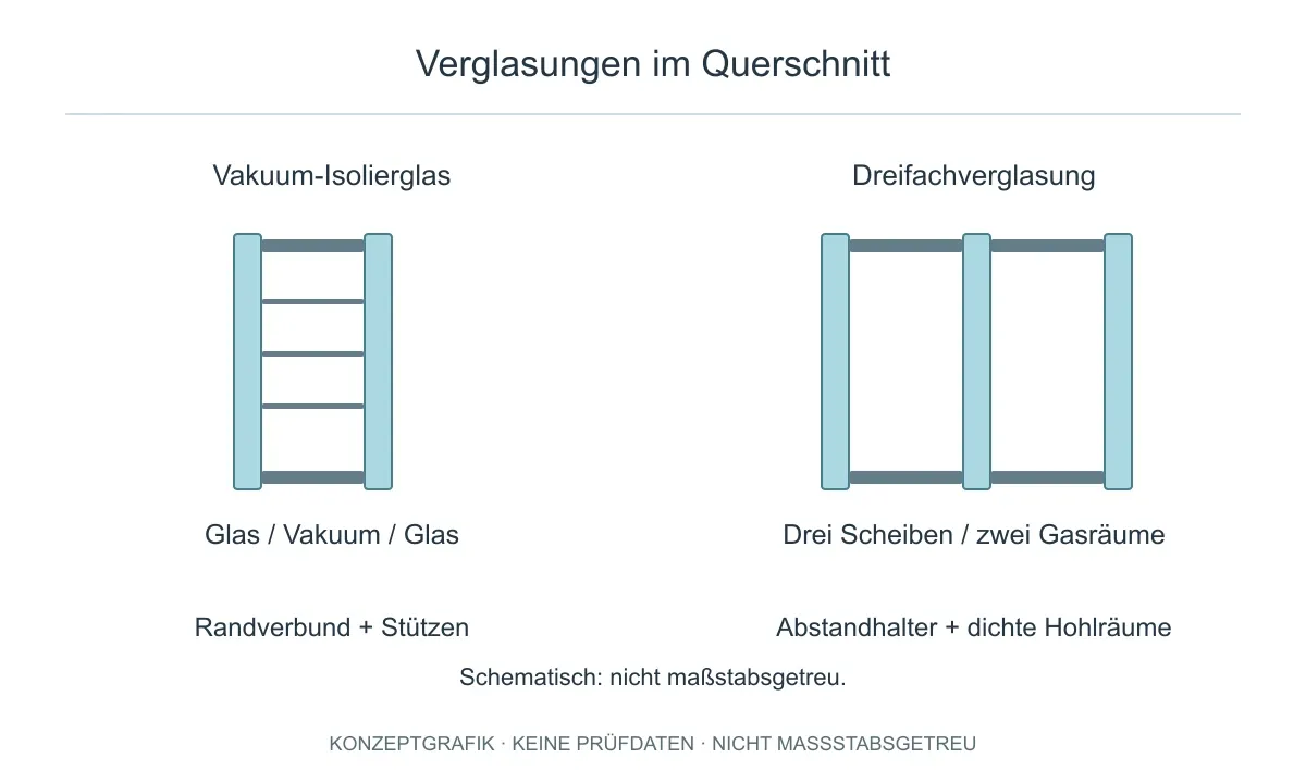 Vereinfachte Querschnitte: zwei Scheiben mit evakuiertem Zwischenraum und Stützen gegenüber drei Scheiben mit zwei gasgefüllten Zwischenräumen.