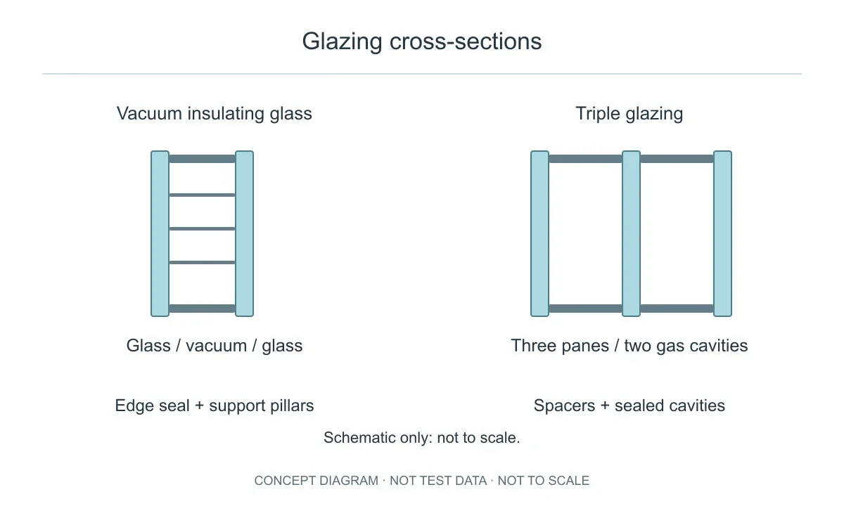 Simplified cross-sections: two panes with an evacuated cavity and support pillars versus three panes with two gas-filled cavities.