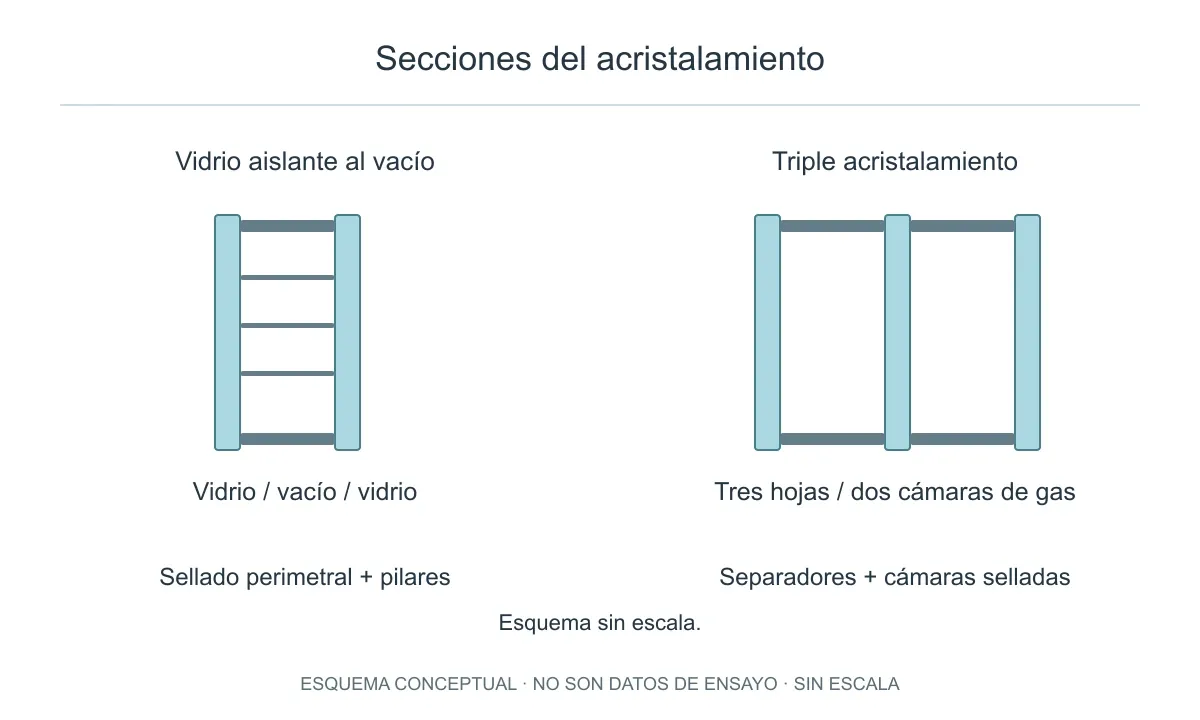 Secciones simplificadas: dos hojas con cámara evacuada y pilares frente a tres hojas con dos cámaras de gas.