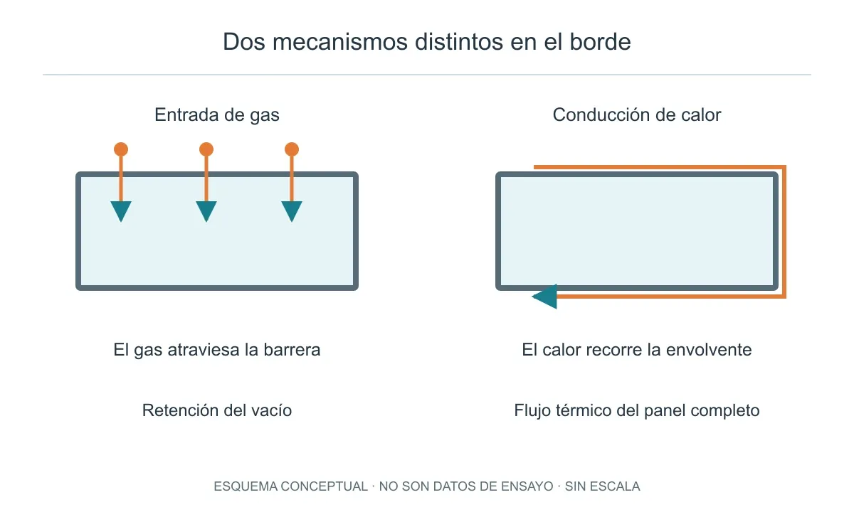 La entrada de gas por la barrera y la conducción térmica por la envolvente son mecanismos diferentes.