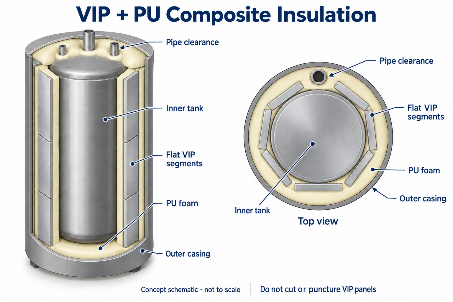 Concept of flat VIP segments and PU foam around a cylindrical water tank, showing pipe clearance, inner tank and outer casing