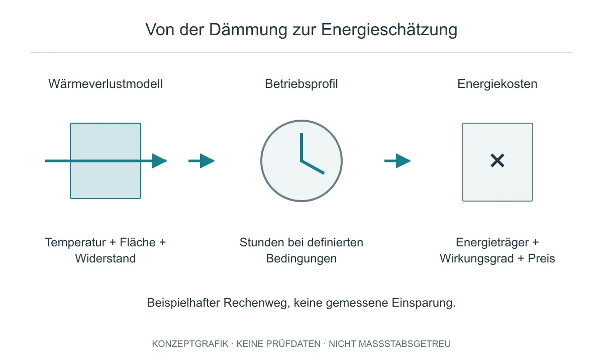 Rechenweg von Wärmeverlust und Betriebsstunden zu Energiekosten; keine gemessenen Einsparungen dargestellt.