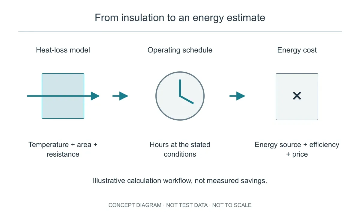 Calculation workflow from heat loss and operating hours to energy cost; no measured savings are shown.