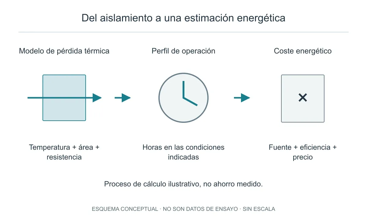 Proceso de cálculo desde las pérdidas térmicas y las horas de operación hasta el coste; no muestra ahorros medidos.