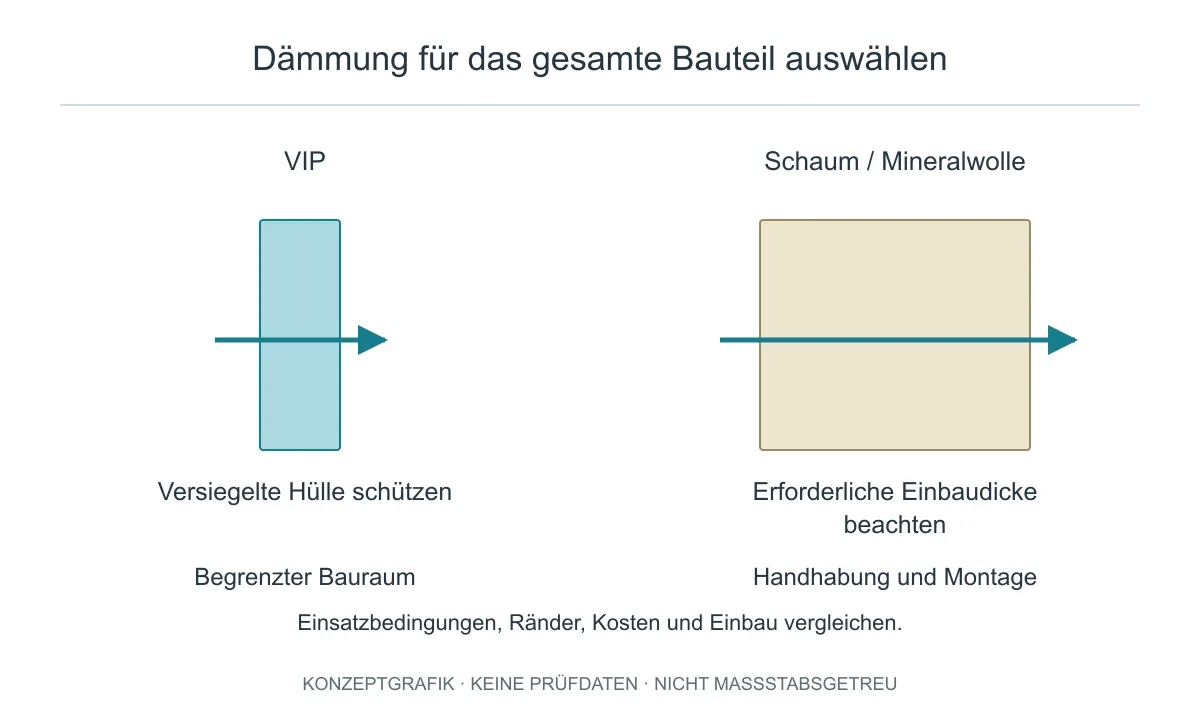 VIP und konventionelle Dämmung auf Bauteilebene vergleichen: Bauraum, Handhabung und Randdetails berücksichtigen.