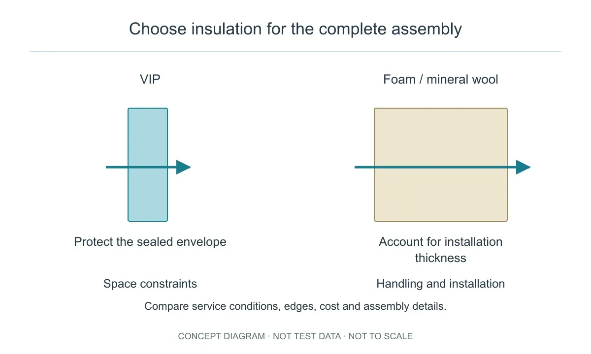 Compare VIP and conventional insulation at assembly level, including available space, handling and edge details.