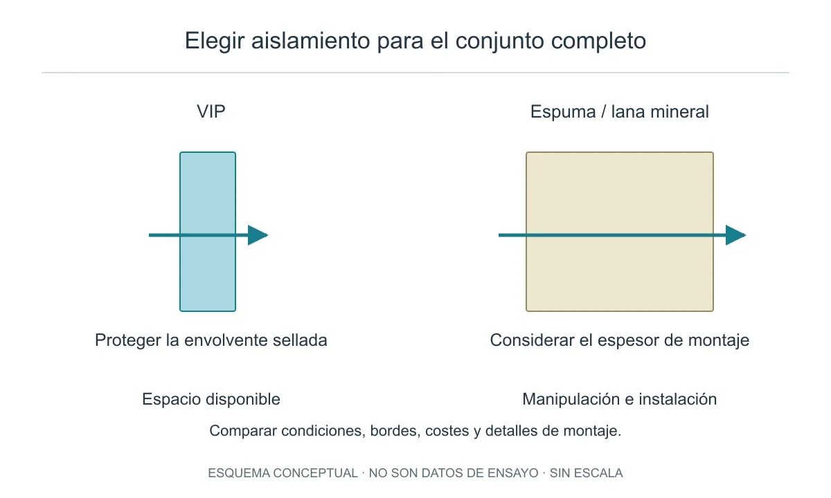 Comparar VIP y aislamiento convencional a nivel de conjunto: espacio, manipulación y detalles de borde.